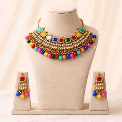 Multicolor Kundan Choker Necklace Set with Earrings
